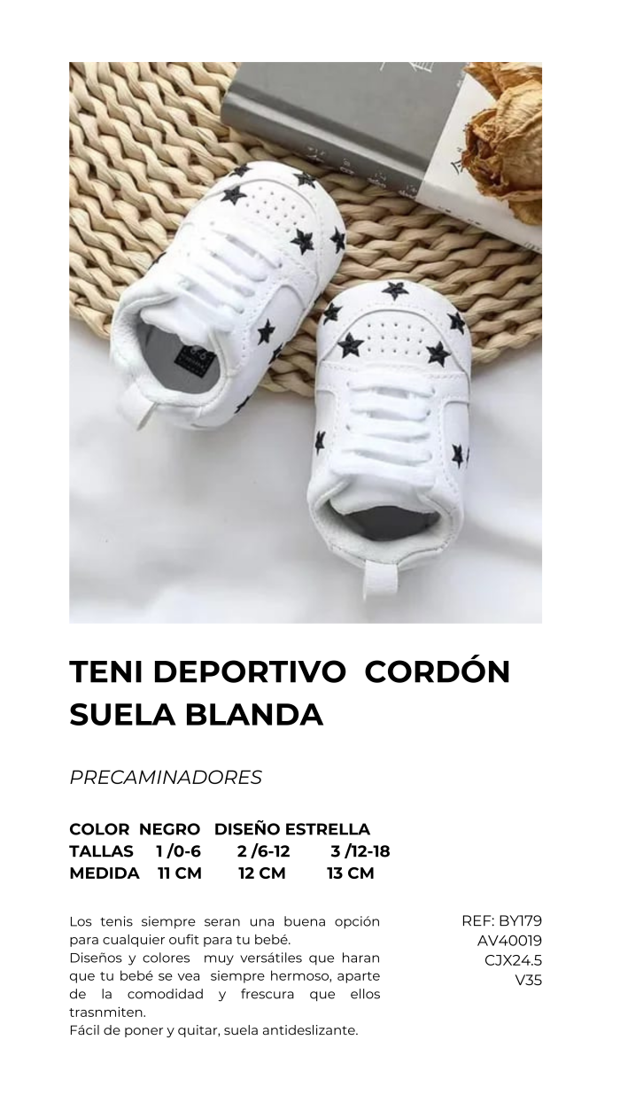 TENI DEPORTIVO CORDÓN SUELA BLANDA - COLOR NEGRO DISEÑO ESTRELLA